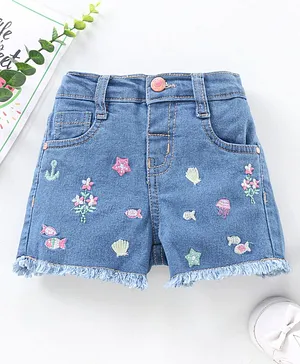 Babyhug Mid Thigh Washed & Embroidered Denim Shorts - Blue