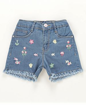 Babyhug Mid Thigh Washed & Embroidered Denim Shorts - Blue