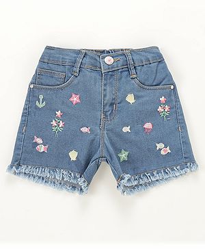 Babyhug Mid Thigh Washed & Embroidered Denim Shorts - Blue