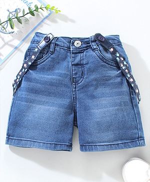 Babyhug Mid Thigh Washed Denim Shorts With Suspender - Blue