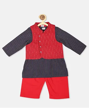 Fabindia Full Sleeves Striped Kurta With Ikat Jacket & Pajama - Red & Navy Blue