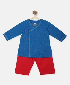 Fabindia Full Sleeves Butti Work Angarakha Style Kurta With Salwar - Blue Red
