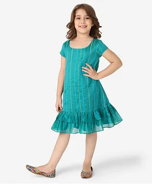 Fabindia Half Sleeves Striped Dress - Teal Blue