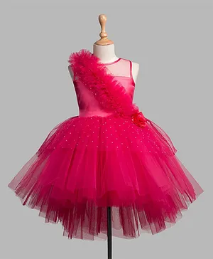Toy Balloon Sleeveless Flared Aysmmetric Ruffle Bodice Party Wear Dress - Pink