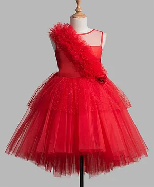 Toy Balloon Sleeveless Embellished Aysmmetric Ruffle Bodice  Party Wear Dress - Red