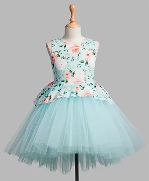 Toy Balloon Sleeveless Floral Print High Low Party Dress - Blue