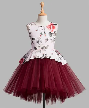 Toy Balloon Sleeveless Floral Print High Low Party Dress - Maroon