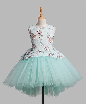 Toy Balloon Sleeveless Floral Print High Low Party Dress - Sea Green