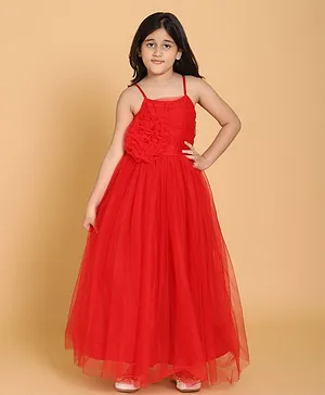 Piccolo Sleeveless Solid Net Gown With Rosette Detail - Red