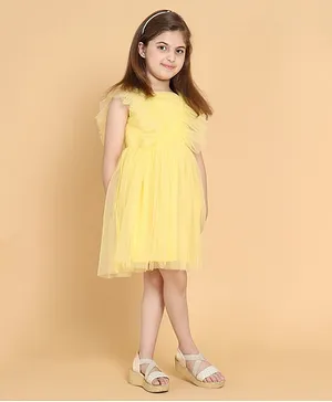 Piccolo Flutter Sleeves Solid Pleated Detail Dress - Yellow