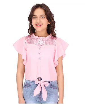 Cutecumber Flutter Sleeves Embellished Sequin Detail Top With Tie Knot - Pink