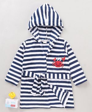 Babyhug Cotton Knit Hooded Bathrobe With Waist Belt Stripes - Blue