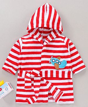 Babyhug Cotton Knit Hooded Bathrobe With Waist Belt Stripes - Red