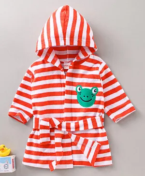 Babyhug Three Fourth Sleeves Hooded Bath Robe Striped and Embroidered - Orange