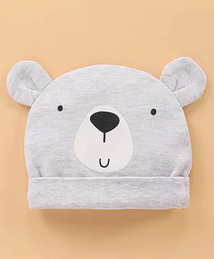 Babyhug Cotton Cap Bear Face Print Light Grey - Diameter 11.5 cm