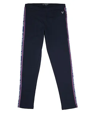 Allen Solly Cotton Knitted Full Length Leggings Solid With Side Branding Tape - Navy Blue