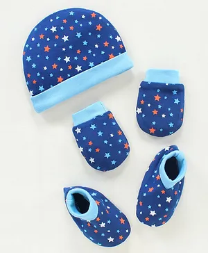 Babyhug 100% Cotton Cap Mittens & Booties Set Star Print Blue - Diameter 10 cm