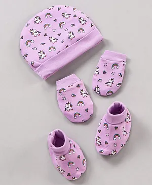 Babyhug 100% Cotton Cap Mittens & Booties Unicorn Print Purple- Diameter 11 cm