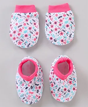 Babyhug 100% Cotton Mittens & Booties Set Floral Print - Pink
