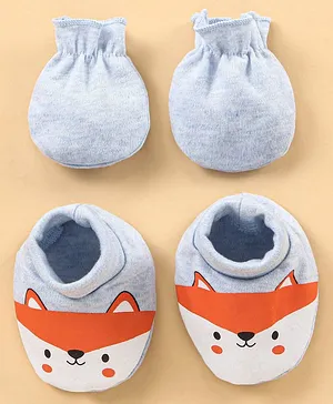 Babyhug 100% Cotton Mittens & Booties Set Fox Print- Grey