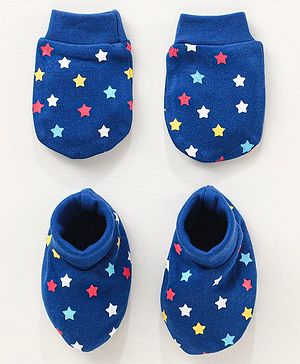 Babyhug 100% Cotton Mittens and Booties Set Star Print - Blue