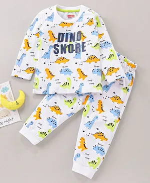 Babyhug Cotton Full Sleeves Pajama Set Dino Printed - White Yellow
