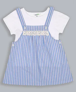 ShopperTree Half Sleeves Stripes Print Schiffli Lace Detailing Dungaree Dress - Blue & White