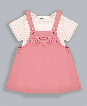 ShopperTree Half Sleeves Stripes Print Schiffli Lace Detailing Dungaree Dress - Peach & Off White