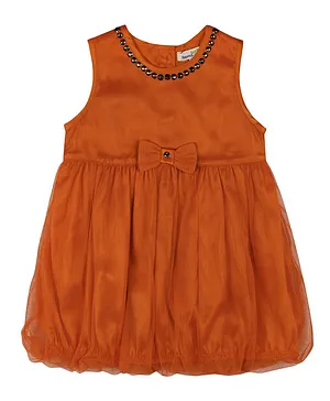 ShopperTree Solid Stone Embellished Neckline Detail Party Dress - Orange