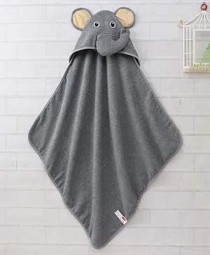 Babyhug Woven Terry Hooded Towel Elephant Patch - Grey
