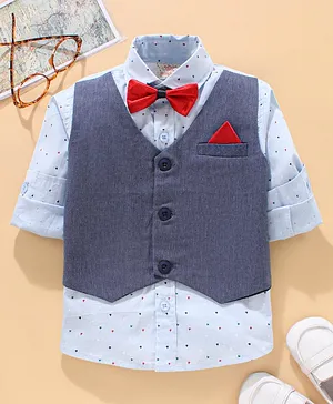 Rikidoos Full Sleeves Hearts Printed Shirt With Attached Solid Waist Coat & Bow - Sky Blue & Navy