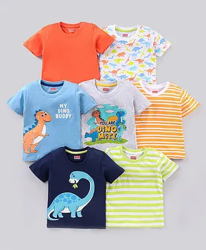 Babyhug Half Sleeves T-Shirts Dino & Stripes Print Pack of 7 - Multicolor