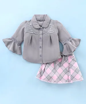Enfance Three Fourth Sleeves Lace Detailing Top & Solid Camisole With Chequered Skirt Set - Pink