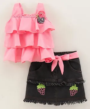 Enfance Sleeveless Flower Embellished Top With Skirt - Pink