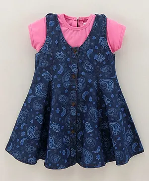 Enfance Short Sleeves All Over Paisley Printed Dungaree Dress With Solid Inner Tee - Blue