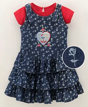 Enfance Short Sleeves Roses Printed Dungaree Dress With Solid Inner Tee - Blue