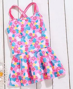 Babyhug Sleeveless Frock Swim Suit Floral Print - Pink