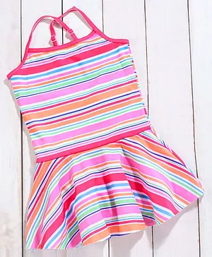 Babyhug Sleeveless Striped Frock Swim Suit - Pink