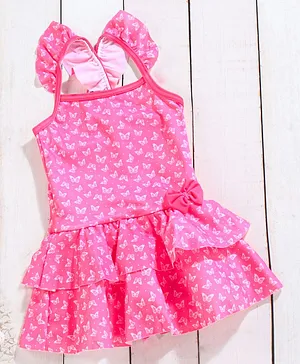 Babyhug Sleeveless Frock Swim Suit Butterfly Print - Pink