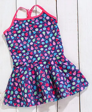 Babyhug Sleeveless Frock Swim Suit Multi Print - Navy