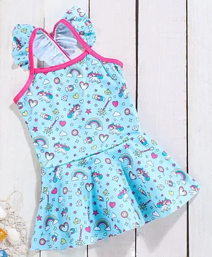 Babyhug Sleeveless Frock Swim Suit Unicorn Print - Blue