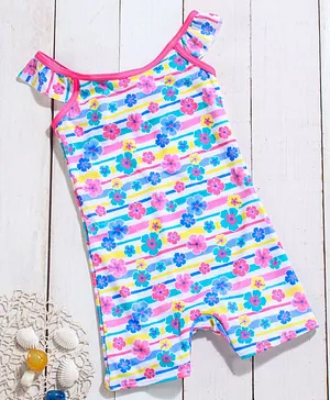 Babyhug Sleeveless Thigh Cut Swimsuit - Pink Blue
