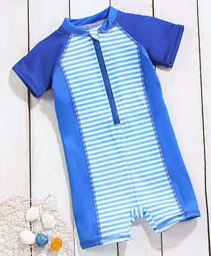 Babyhug Half Sleeves Striped Legged Swimsuit - Blue