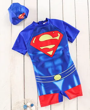 Babyhug Half Sleeves Legged Swimsuit with Cap Superman Print - Blue Red
