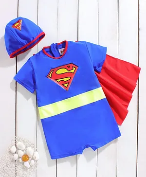 Babyhug Half Sleeves Legged Swimsuit with Cap Superman Print - Blue