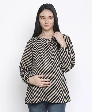 Oxolloxo Full Sleeves Stripe Print Maternity Top - Black