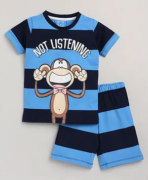 Little Marine Half Sleeves Monkey Print T Shirt And Shorts - Blue
