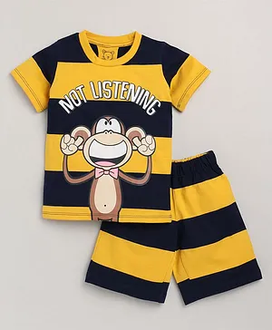 Little Marine Half Sleeves Monkey Print T Shirt And Shorts - Yellow