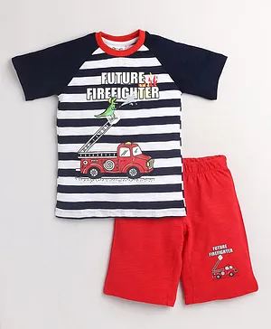 Little Marine Half Sleeves Stripe And Future Fighter Print T Shirt And Shorts - White