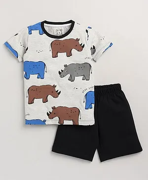 Little Marine Half Sleeves Rhino Print T Shirt And Shorts - Grey